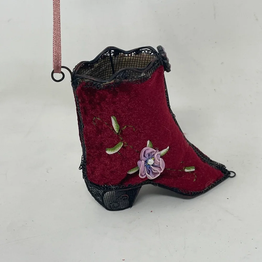 Vintage Victorian Style Burgundy Velvet Wire Mesh Boot Ornament Ribbon Flower